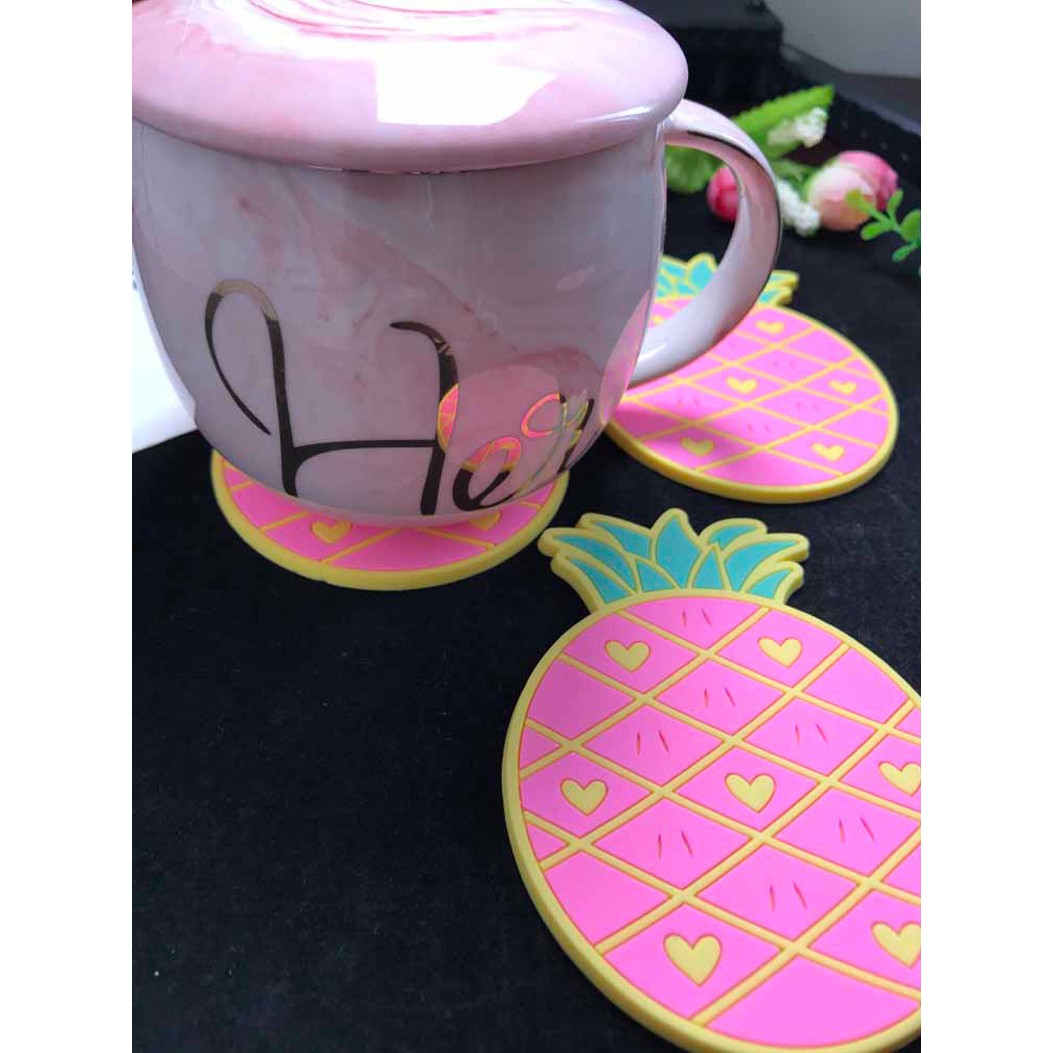 Suport pentru Pahar, Model Ananas, din PVC, 12 x 9 cm, Rezistent la Caldura, Roz