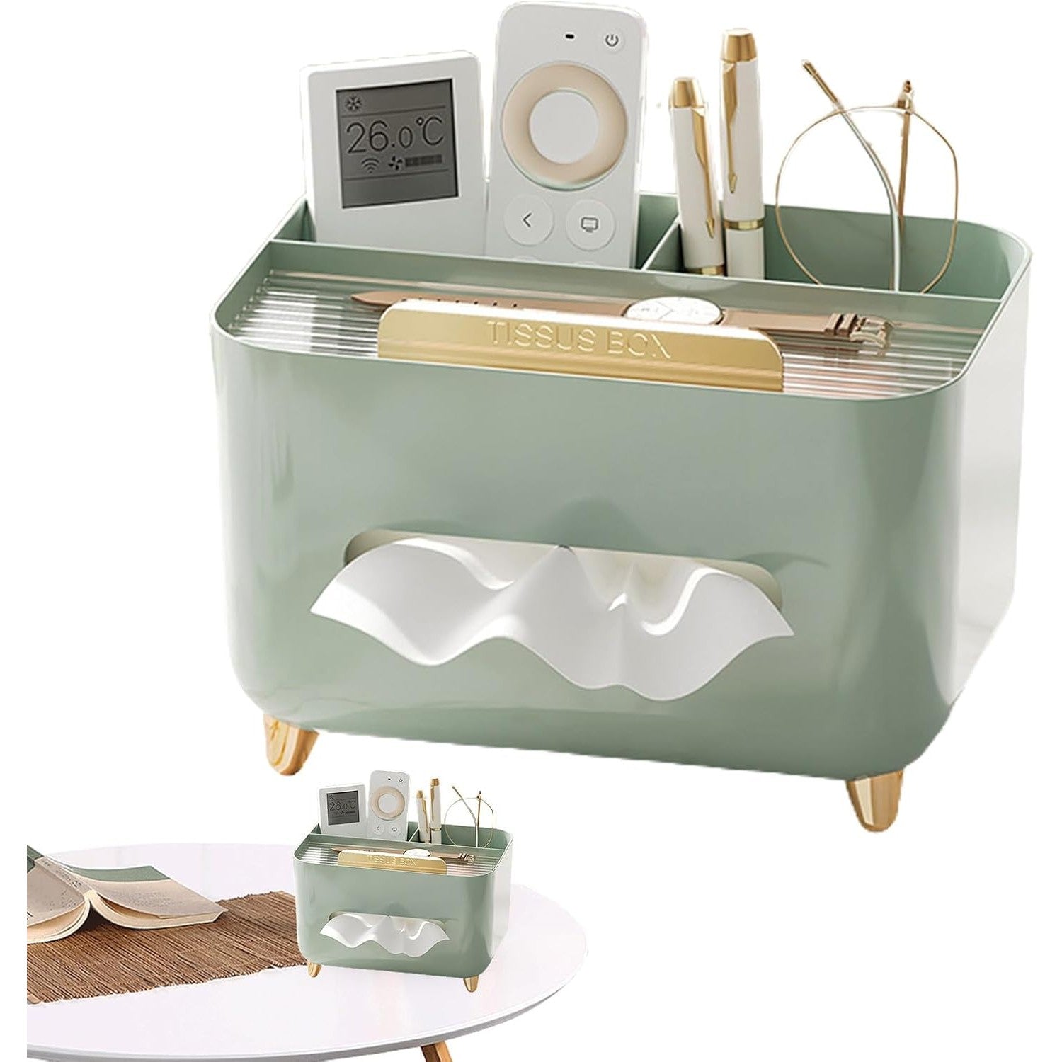 Suport pentru Servetele, Cutie Multifunctionala, Design Minimalist, ABS, cu Suport pentru Obiectele Personale, pentru Birou, 21x15x13 cm, Verde