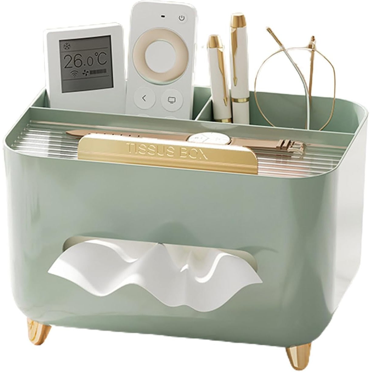 Suport pentru Servetele, Cutie Multifunctionala, Design Minimalist, ABS, cu Suport pentru Obiectele Personale, pentru Birou, 21x15x13 cm, Verde