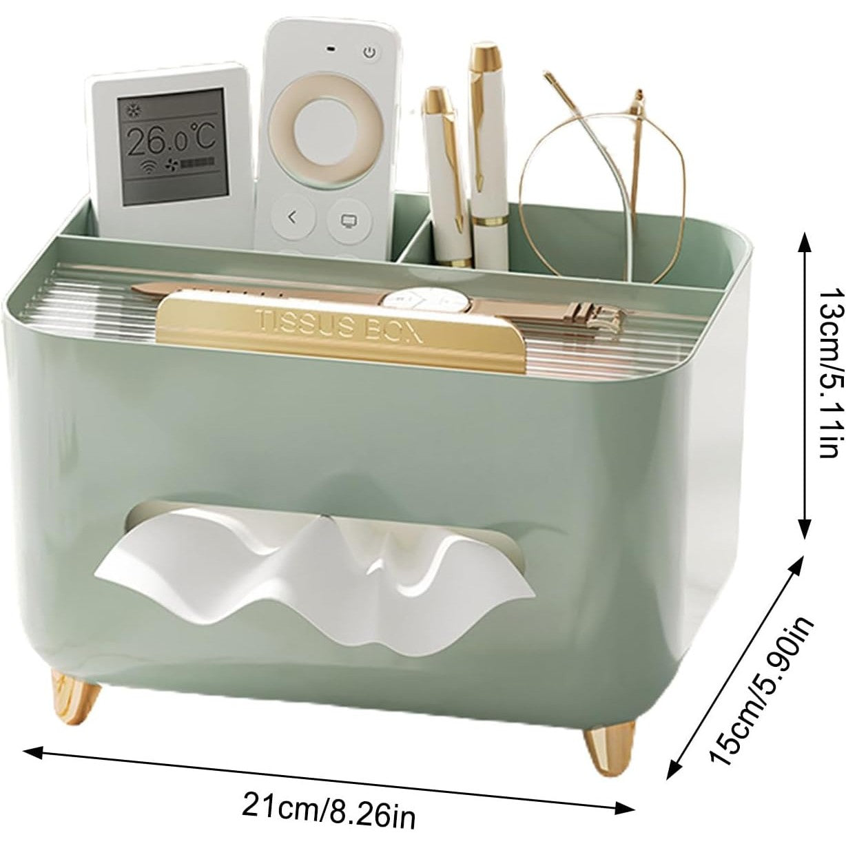 Suport pentru Servetele, Cutie Multifunctionala, Design Minimalist, ABS, cu Suport pentru Obiectele Personale, pentru Birou, 21x15x13 cm, Verde