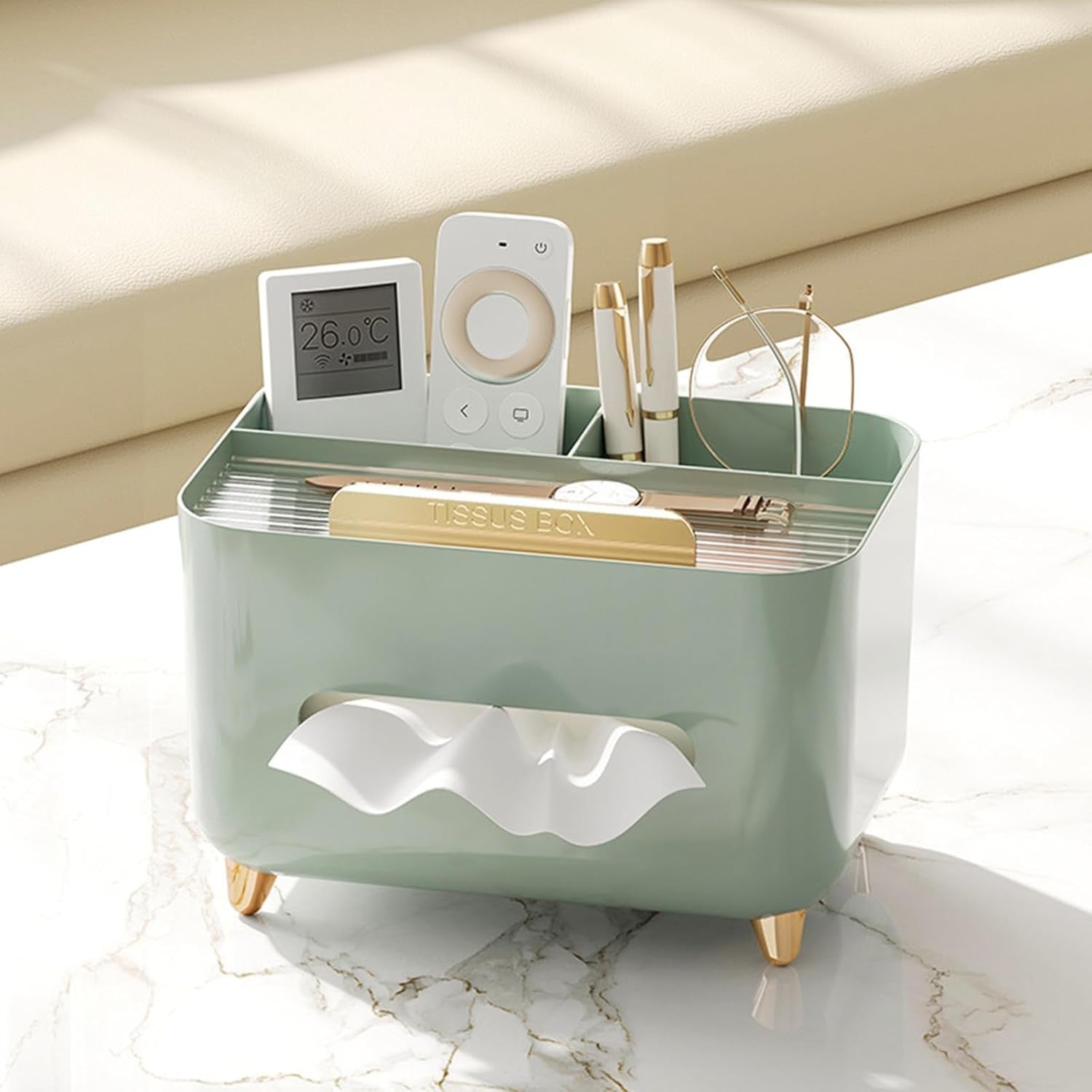 Suport pentru Servetele, Cutie Multifunctionala, Design Minimalist, ABS, cu Suport pentru Obiectele Personale, pentru Birou, 21x15x13 cm, Verde