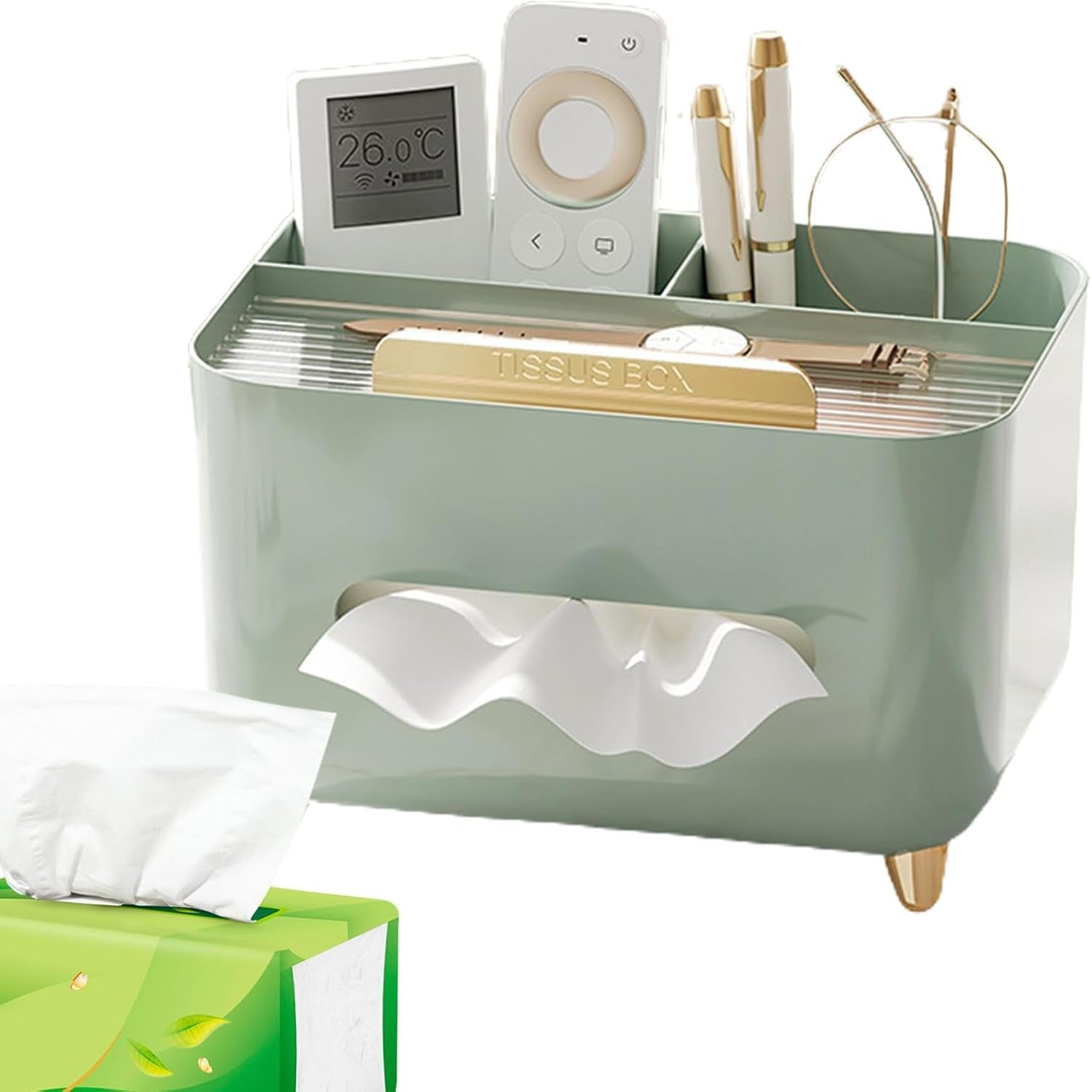 Suport pentru Servetele, Cutie Multifunctionala, Design Minimalist, ABS, cu Suport pentru Obiectele Personale, pentru Birou, 21x15x13 cm, Verde