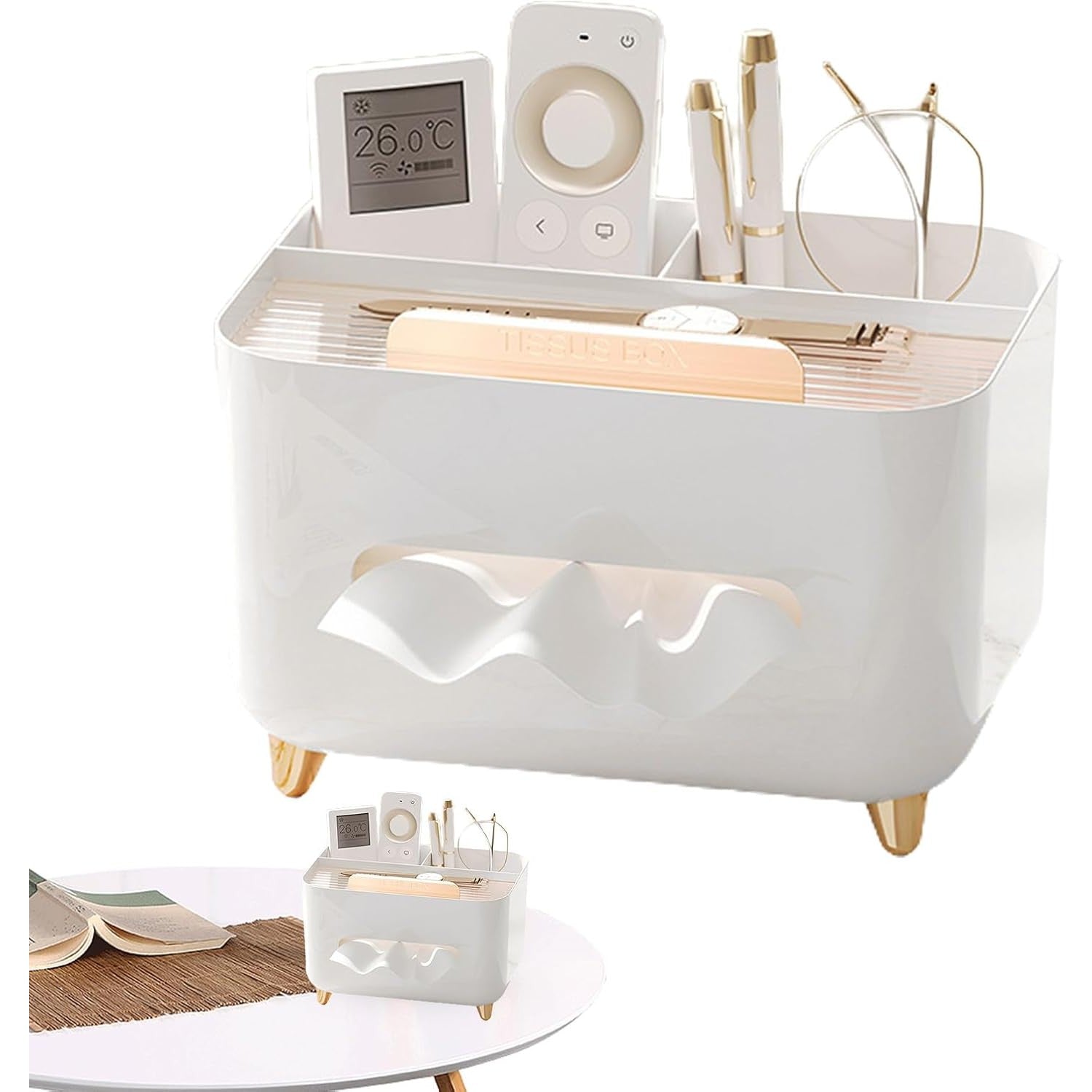 Suport pentru Servetele, Cutie Multifunctionala, Design Minimalist, ABS, cu Suport pentru Obiectele Personale, pentru Birou, 21x15x13 cm, Alb