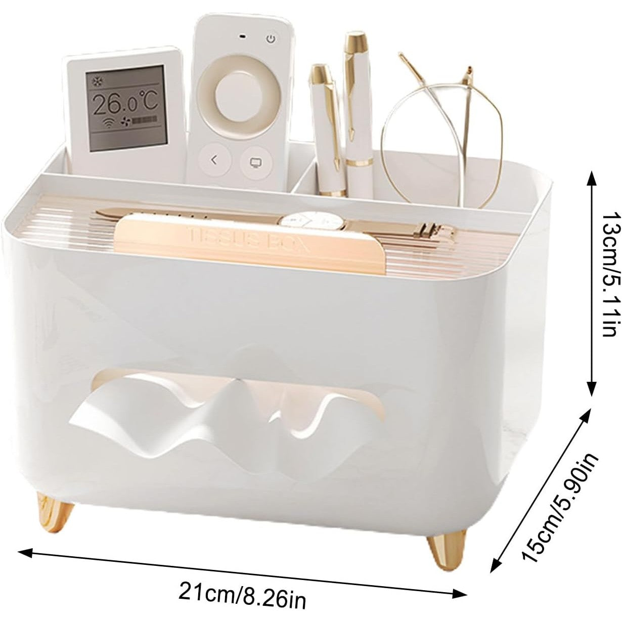 Suport pentru Servetele, Cutie Multifunctionala, Design Minimalist, ABS, cu Suport pentru Obiectele Personale, pentru Birou, 21x15x13 cm, Alb