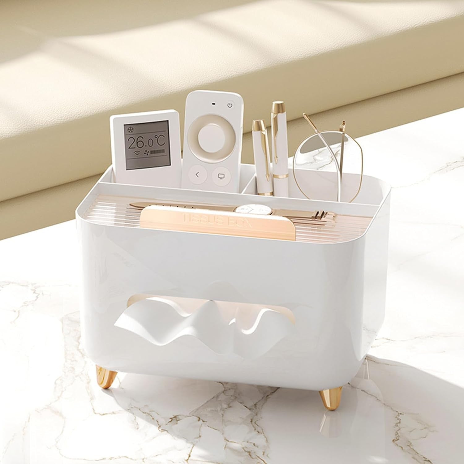 Suport pentru Servetele, Cutie Multifunctionala, Design Minimalist, ABS, cu Suport pentru Obiectele Personale, pentru Birou, 21x15x13 cm, Alb