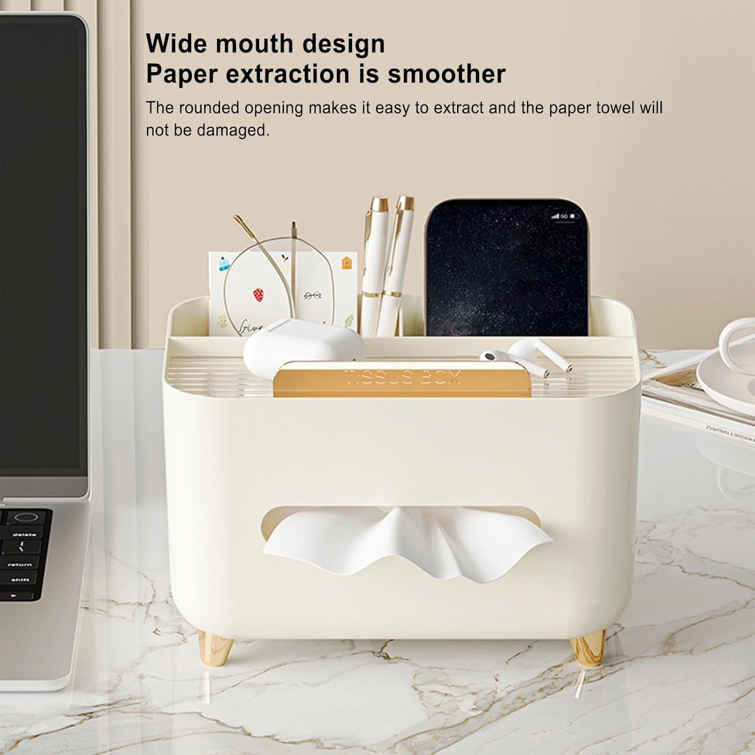 Suport pentru Servetele, Flippy, Cutie Multifunctionala, Design Minimalist, ABS, cu Suport pentru Obiectele Personale, pentru Birou, 21x15x13 cm, Crem