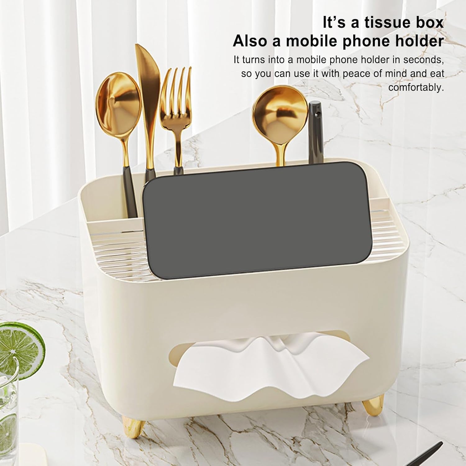 Suport pentru Servetele, Cutie Multifunctionala, Design Minimalist, ABS, cu Suport pentru Obiectele Personale, pentru Birou, 21x15x13 cm, Crem