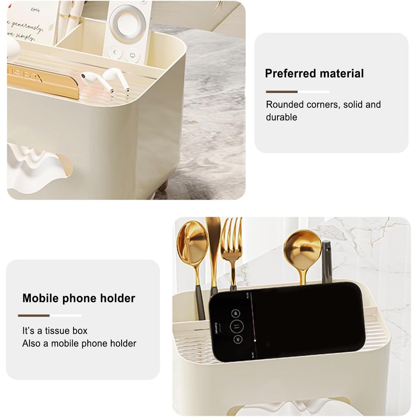 Suport pentru Servetele, Flippy, Cutie Multifunctionala, Design Minimalist, ABS, cu Suport pentru Obiectele Personale, pentru Birou, 21x15x13 cm, Crem