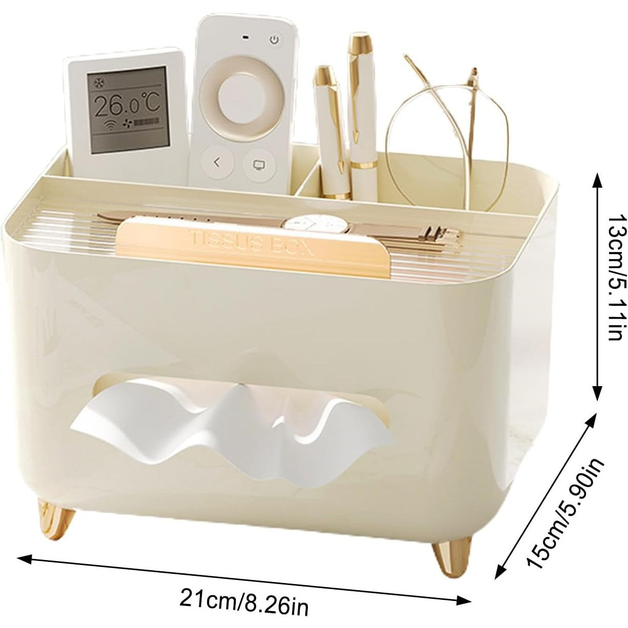 Suport pentru Servetele, Cutie Multifunctionala, Design Minimalist, ABS, cu Suport pentru Obiectele Personale, pentru Birou, 21x15x13 cm, Crem