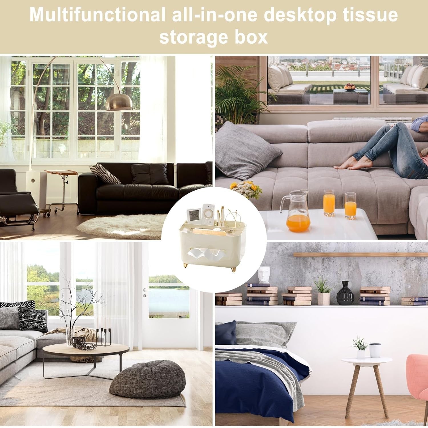 Suport pentru Servetele, Cutie Multifunctionala, Design Minimalist, ABS, cu Suport pentru Obiectele Personale, pentru Birou, 21x15x13 cm, Crem