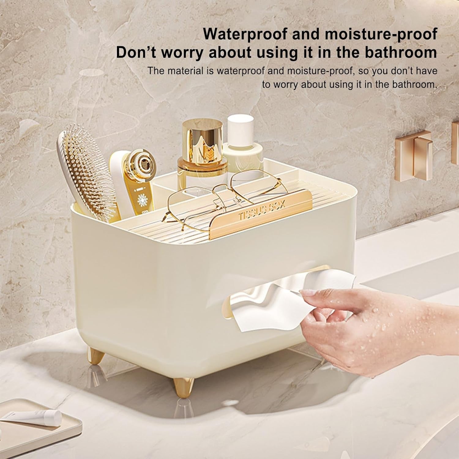 Suport pentru Servetele, Cutie Multifunctionala, Design Minimalist, ABS, cu Suport pentru Obiectele Personale, pentru Birou, 21x15x13 cm, Crem