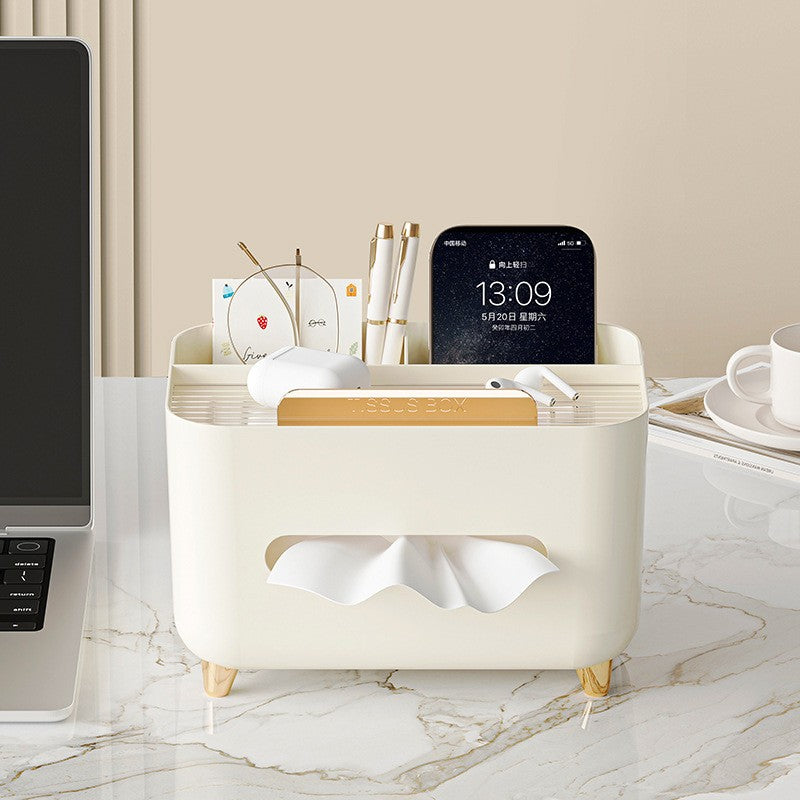 Suport pentru Servetele, Cutie Multifunctionala, Design Minimalist, ABS, cu Suport pentru Obiectele Personale, pentru Birou, 21x15x13 cm, Crem