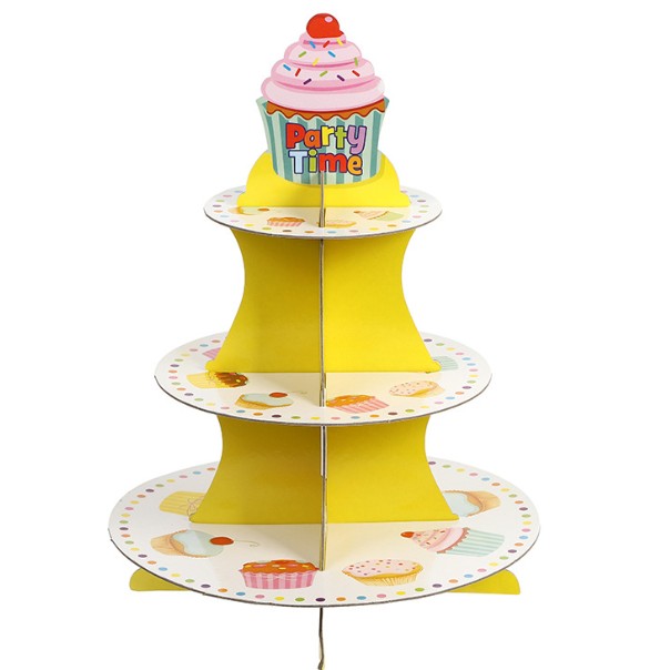 Suport Prajituri, 3 Etaje, Design de Petrecere, pentru Prajituri, Candy Bar, din Carton, Galben/Multicolor