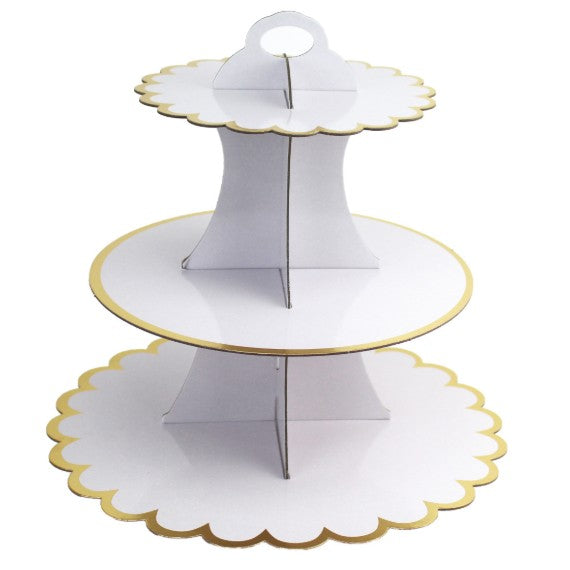 Etajera pentru Prajituri, din Carton, 3 Nivele, 16/22/29 cm Diametru, Inaltime 38 cm, Alb