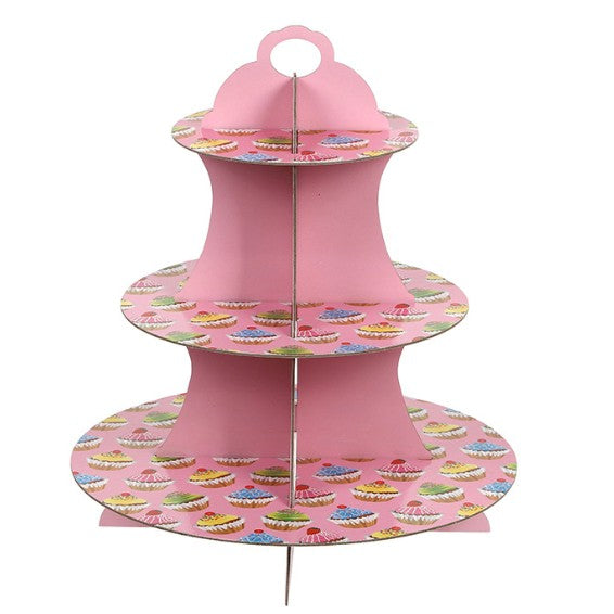 Suport Prajituri, 3 Etaje, Design de Petrecere, pentru Prajituri, Candy Bar, din Carton, Roz/Multicolor