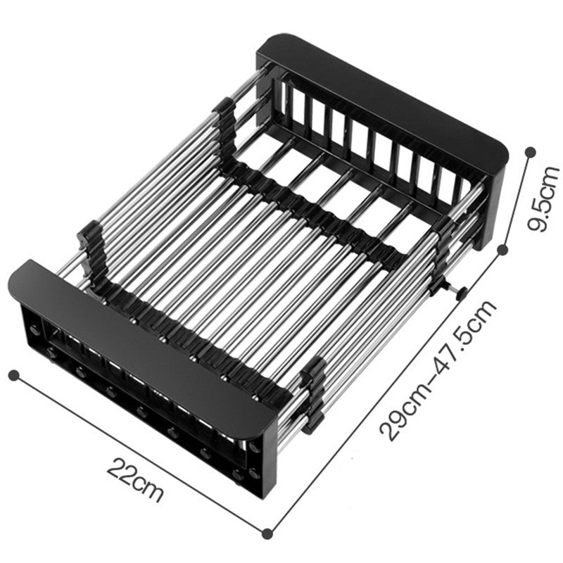 Suport Scurgere Extensibil pentru Bucatarie, Uscator Vase din Otel Inoxidabil, Suport Tacamuri si Pahare, Suport pentru Fructe si Legume, 29 x 22 x 9.5 cm Negru
