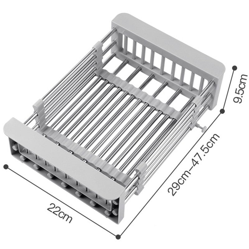 Suport Scurgere Extensibil pentru Bucatarie, Uscator Vase din Otel Inoxidabil, Suport Tacamuri si Pahare, Suport pentru Fructe si Legume, 29 x 22 x 9.5 cm Gri