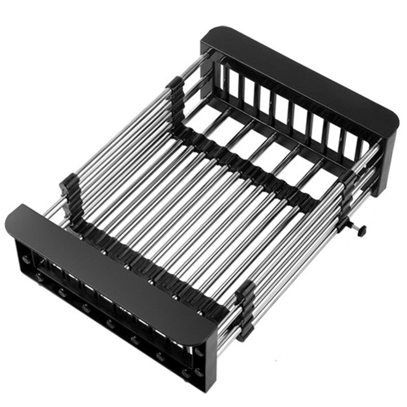 Suport Scurgere Extensibil pentru Bucatarie, Uscator Vase din Otel Inoxidabil, Suport Tacamuri si Pahare, Suport pentru Fructe si Legume, 29 x 22 x 9.5 cm Negru
