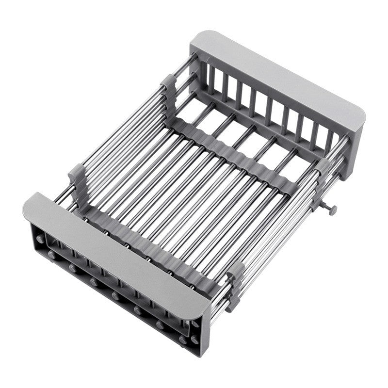 Suport Scurgere Extensibil pentru Bucatarie, Uscator Vase din Otel Inoxidabil, Suport Tacamuri si Pahare, Suport pentru Fructe si Legume, 29 x 22 x 9.5 cm Gri