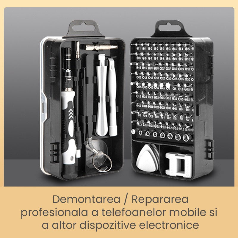 Surubelnite pentru Reparea Telefoanelor, Set 115-in-1 Cromate, Demontarea Repararea Ceasurilor, Electronicelor Mici, Maner detalii Albe, 18 x 11 x 6 cm, Negru
