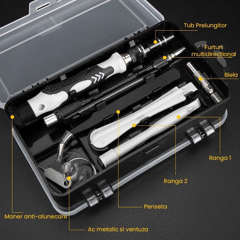 Surubelnite pentru Reparea Telefoanelor, Set 115-in-1 Cromate, Demontarea Repararea Ceasurilor, Electronicelor Mici, Maner detalii Albe, 18 x 11 x 6 cm, Negru