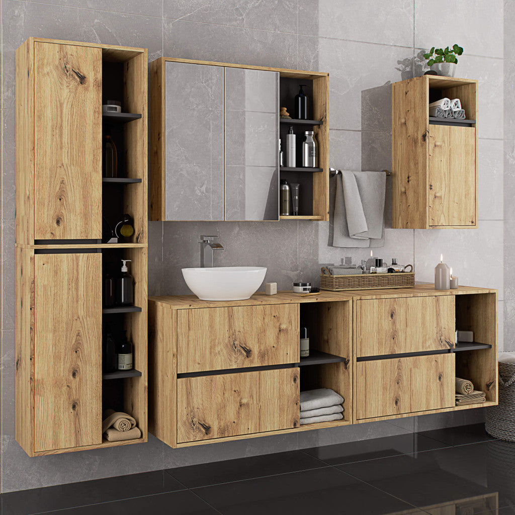 Etajera de baie suspendata, cu 2 sertare, PAL 16 mm, 90x46x60 cm, stejar artisan si gri