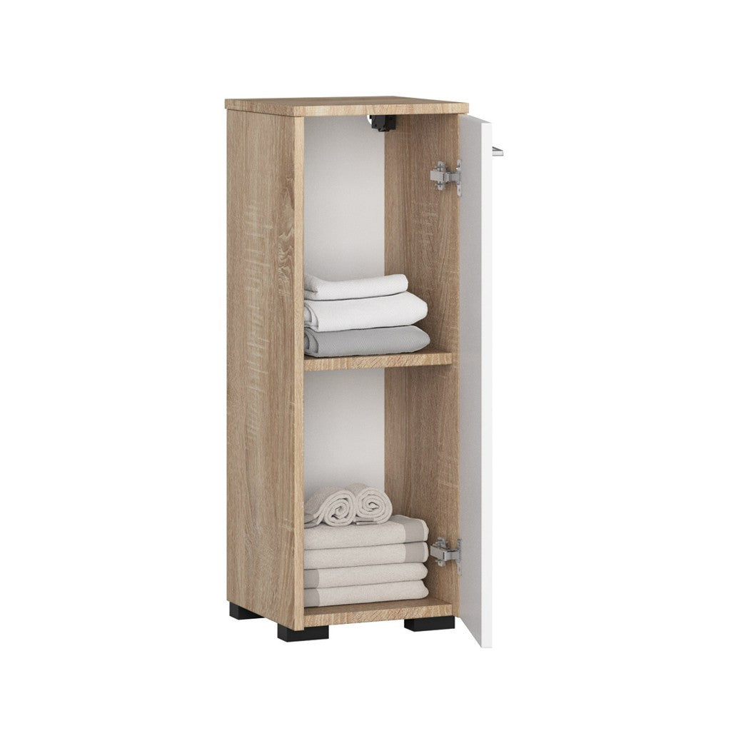 Dulap de baie tip baza, cu usa reversibila si raft interior, PAL 16 mm, 30x30x85 cm, stejar sonoma si alb