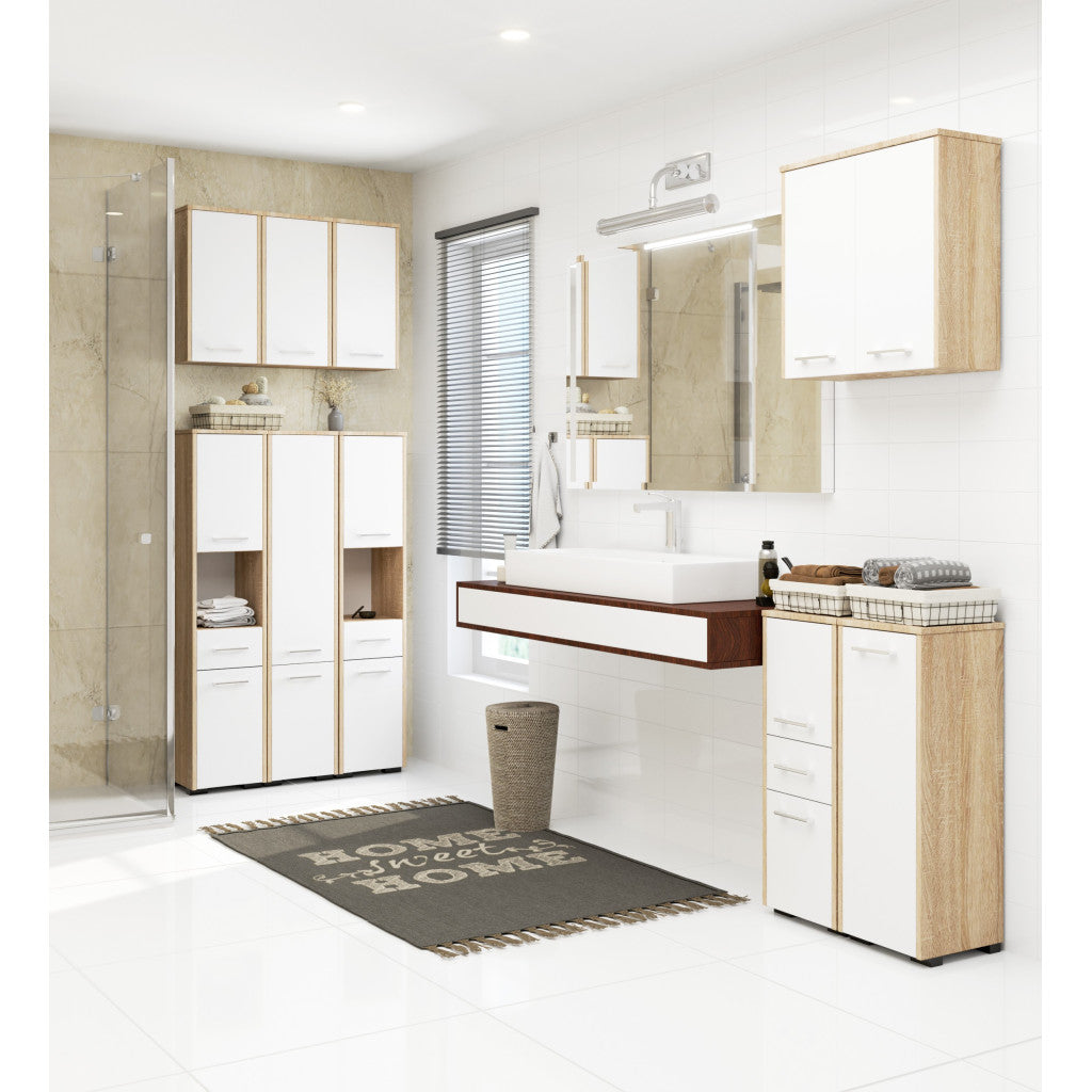 Dulap de baie tip baza, cu usa reversibila si raft interior, PAL 16 mm, 30x30x85 cm, stejar sonoma si alb