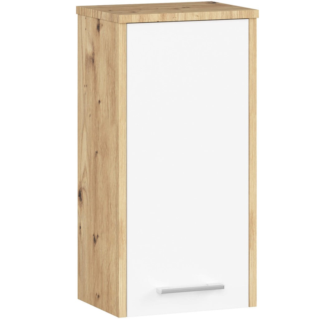 Dulap baie suspendat, cu usa si raft interior, PAL 16 mm, 30×22,5×60 cm, stejar artisan si alb