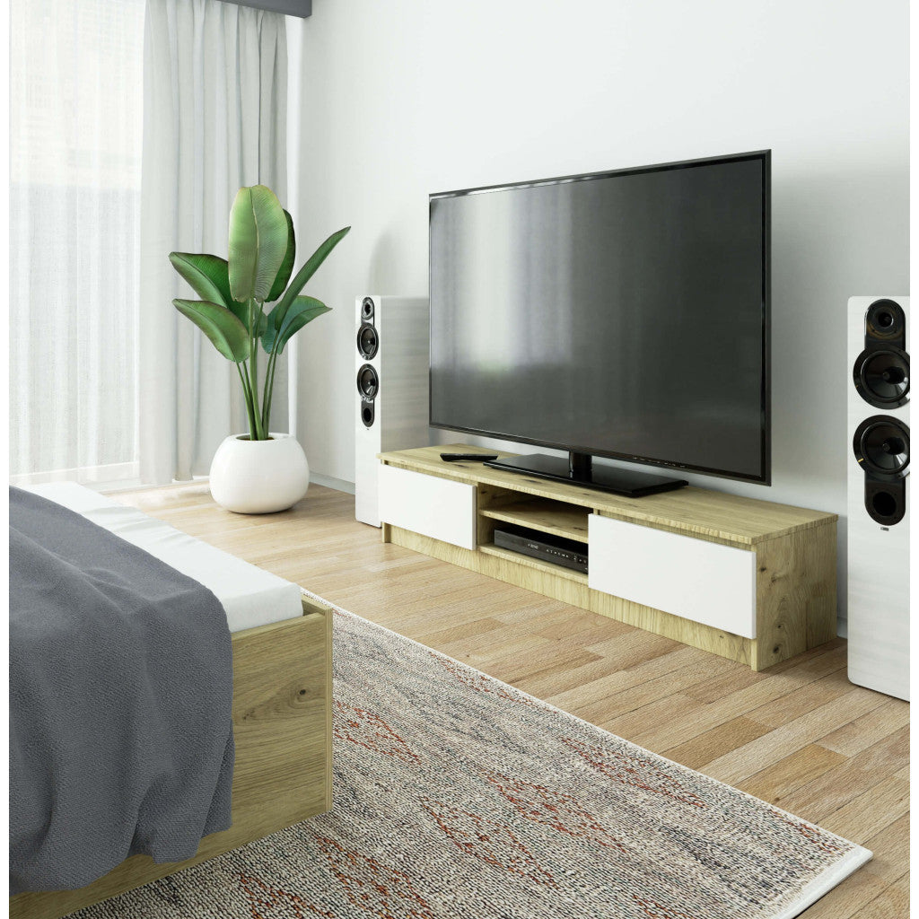 Comoda TV cu 2 usi si rafturi centrale, PAL laminat, 160x40x33 cm, stejar artisan si alb