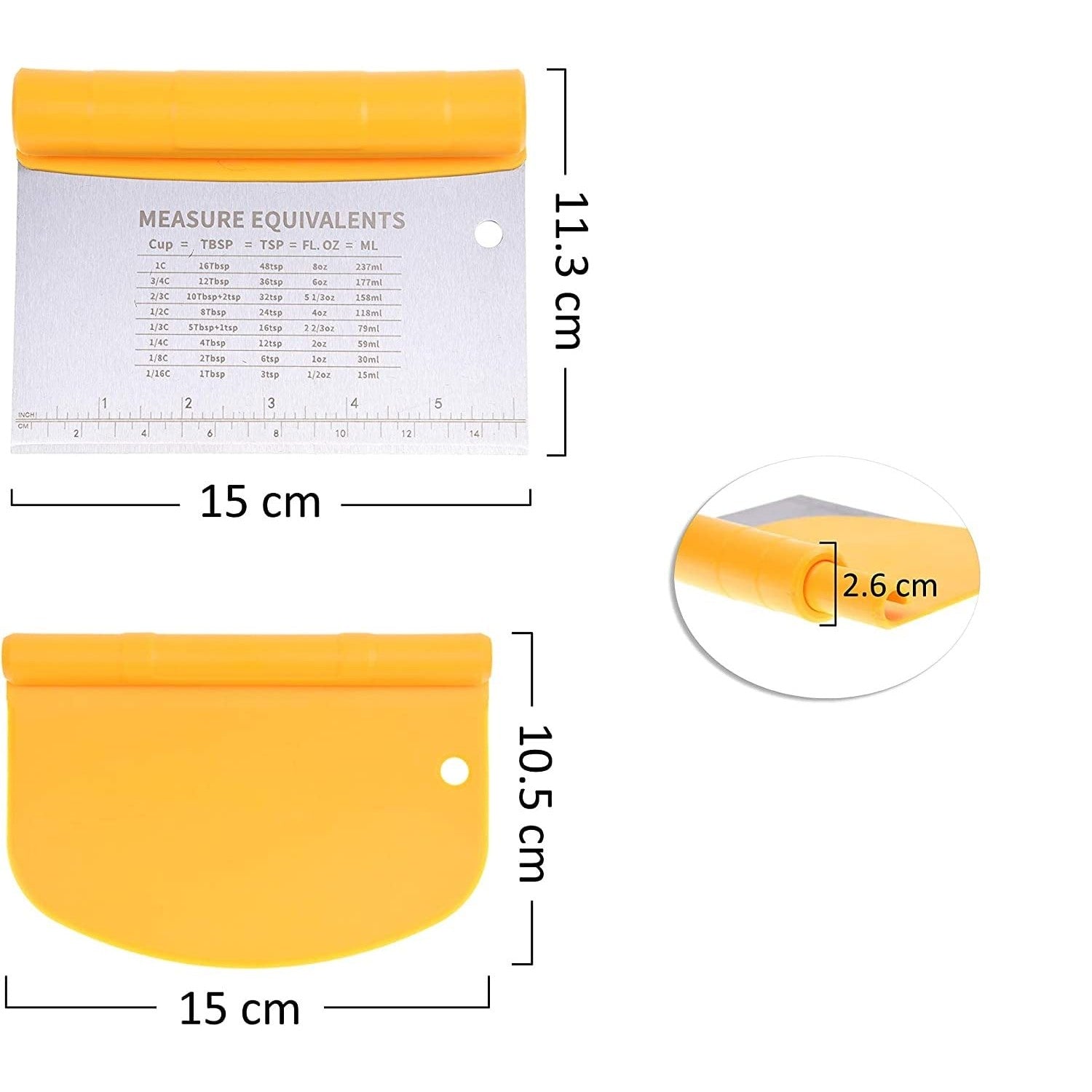 Taietor aluat 15 x 10.5 cm 2 in 1, lama otel inoxidabil, maner din ABS, gradat, paleta plastic, galben