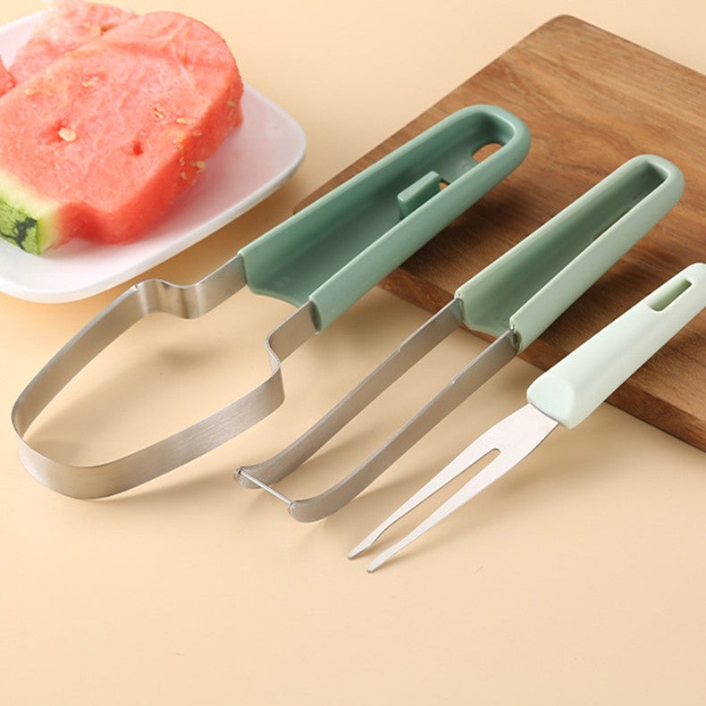 Taietor Decojitor pentru Pepene, pentru Legume si Fructe, Multifunctional, Set din 3 Parti, Otel Inoxidabil si Plastic PP, 22.5 x 7 cm Verde