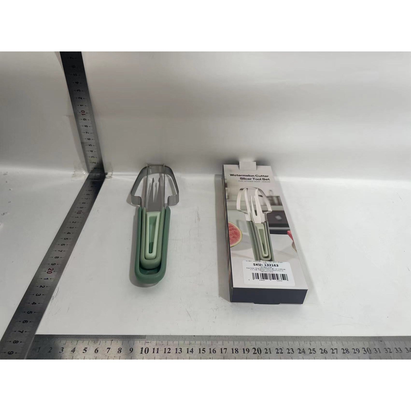 Taietor Decojitor pentru Pepene, pentru Legume si Fructe, Multifunctional, Set din 3 Parti, Otel Inoxidabil si Plastic PP, 22.5 x 7 cm Verde