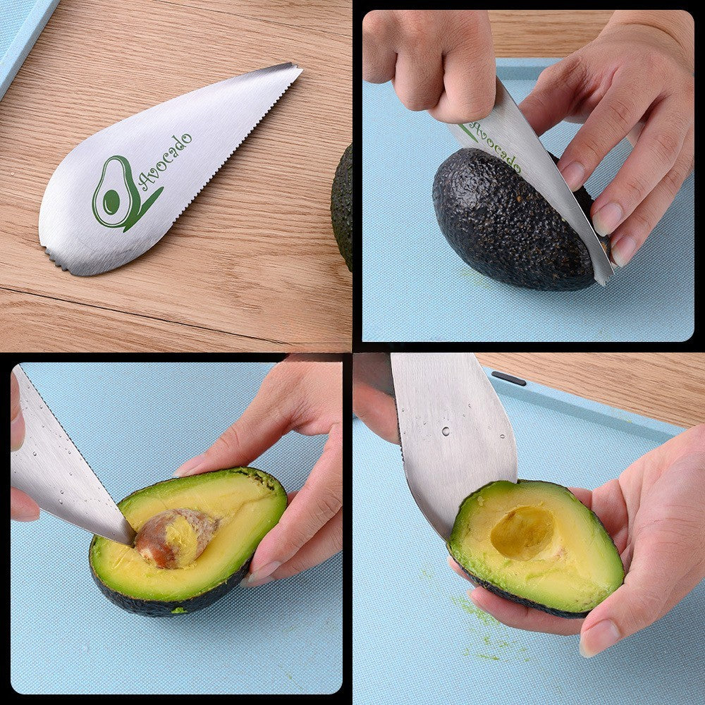 Taietor special pentru avocado 3 in 1, forma curbata, zimti pentru apucare si taiere, din otel inoxidabil, 15 x 6 cm, gri
