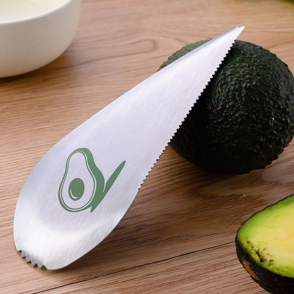 Taietor special pentru avocado 3 in 1, forma curbata, zimti pentru apucare si taiere, din otel inoxidabil, 15 x 6 cm, gri