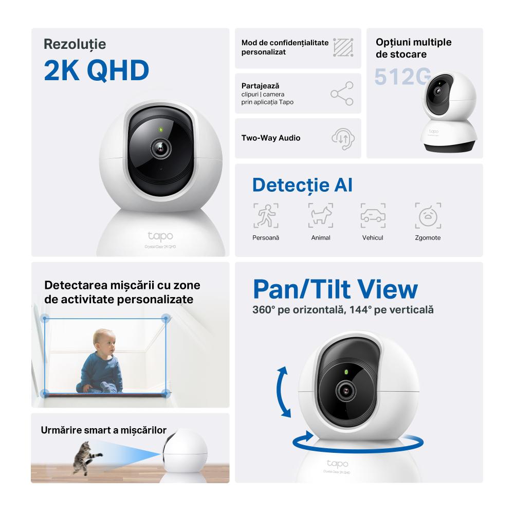 CAMERA IP TP-LINK, cube, wireless, pt. interior, dist. IR 9 m, tip lentila fixa 4 mm, 4 Mpx rezolutie 2K, microfon, carcasa plastic, slot SD card, "Tapo C220"