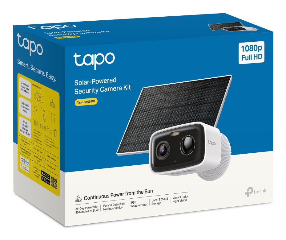 CAMERA IP Exterior TP-LINK, panou solar inclus, acumulator integrat 5200mAh pana la 180 zile autonomie, IP66, dist. IR 15 m, tip lentila fixa 3.16 mm, 2 Mpx, wireless 2.4Ghz, mic, plastic, slot SD card, "Tapo C400 KIT"
