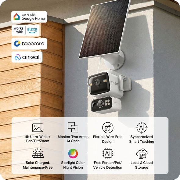 Cameră IP Exterior Tp-Link, dual lens 4K+4K (wide 165°+telephoto 6mm), pan/tilt 360°, alimentare solara inclusa, baterie