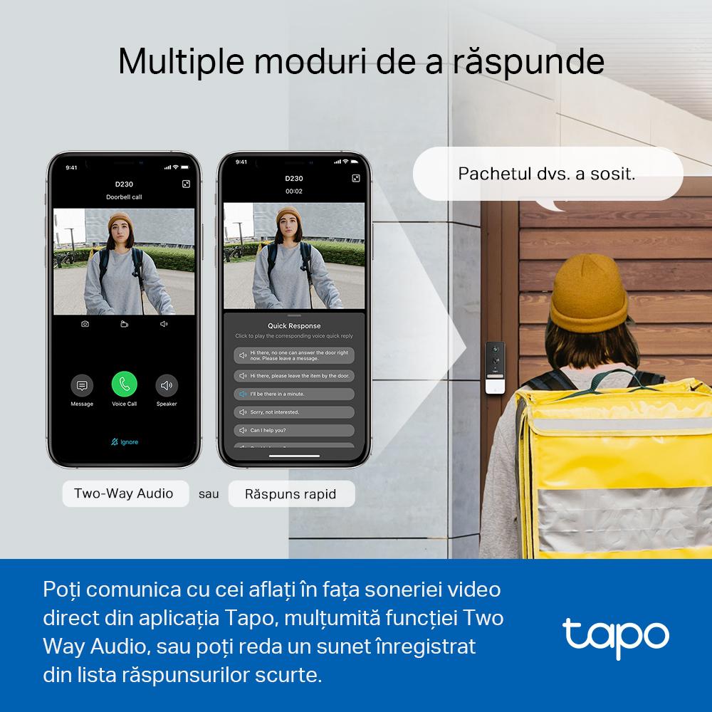 SONERIE VIDEO Smart TP-LINK, rezolutie 2K, 5 Mpix, night vision color, alarma antifurt, IP64, acumulator 6700mAh "Tapo D230S1"