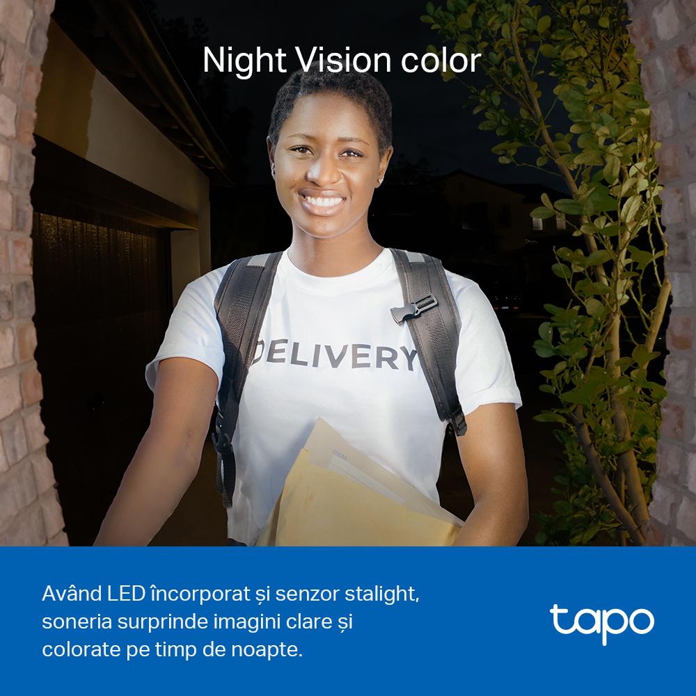 SONERIE VIDEO Smart TP-LINK, rezolutie 2K, 5 Mpix, night vision color, alarma antifurt, IP64, acumulator 6700mAh "Tapo D230S1"
