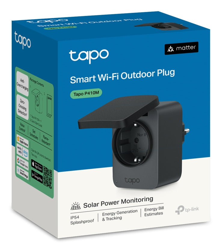PRIZA inteligenta TP-LINK exterior, design compact, certificare Matter, Schuko x 1, cu monitorizarea energiei, conectare prin Schuko (T), 16 A, programare prin smartph, BT, WiFi, negru "Tapo P410M"