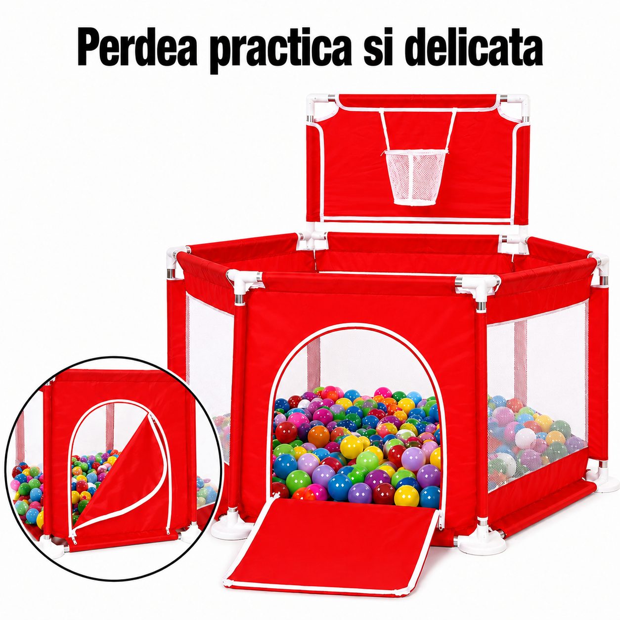 Tarc de Joaca pentru Copii cu Cos de Baschet, Usa cu Fermoar, Plasa Laterala, Structura Stabila, Dimensiune 130x115x65 cm, Rosu