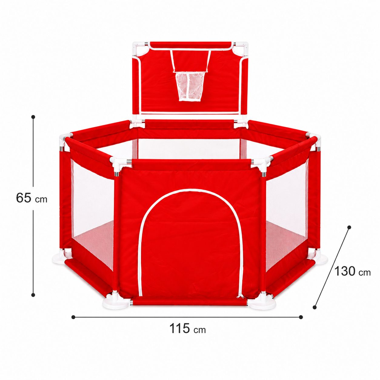 Tarc de Joaca pentru Copii cu Cos de Baschet, Usa cu Fermoar, Plasa Laterala, Structura Stabila, Dimensiune 130x115x65 cm, Rosu