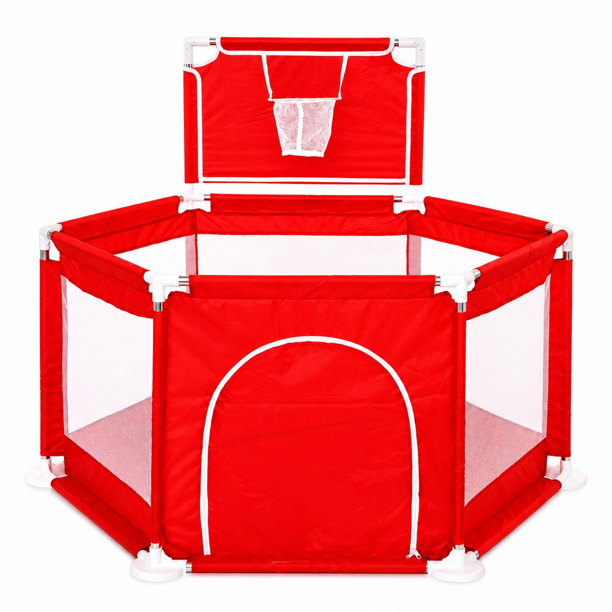 Tarc de Joaca pentru Copii cu Cos de Baschet, Usa cu Fermoar, Plasa Laterala, Structura Stabila, Dimensiune 130x115x65 cm, Rosu