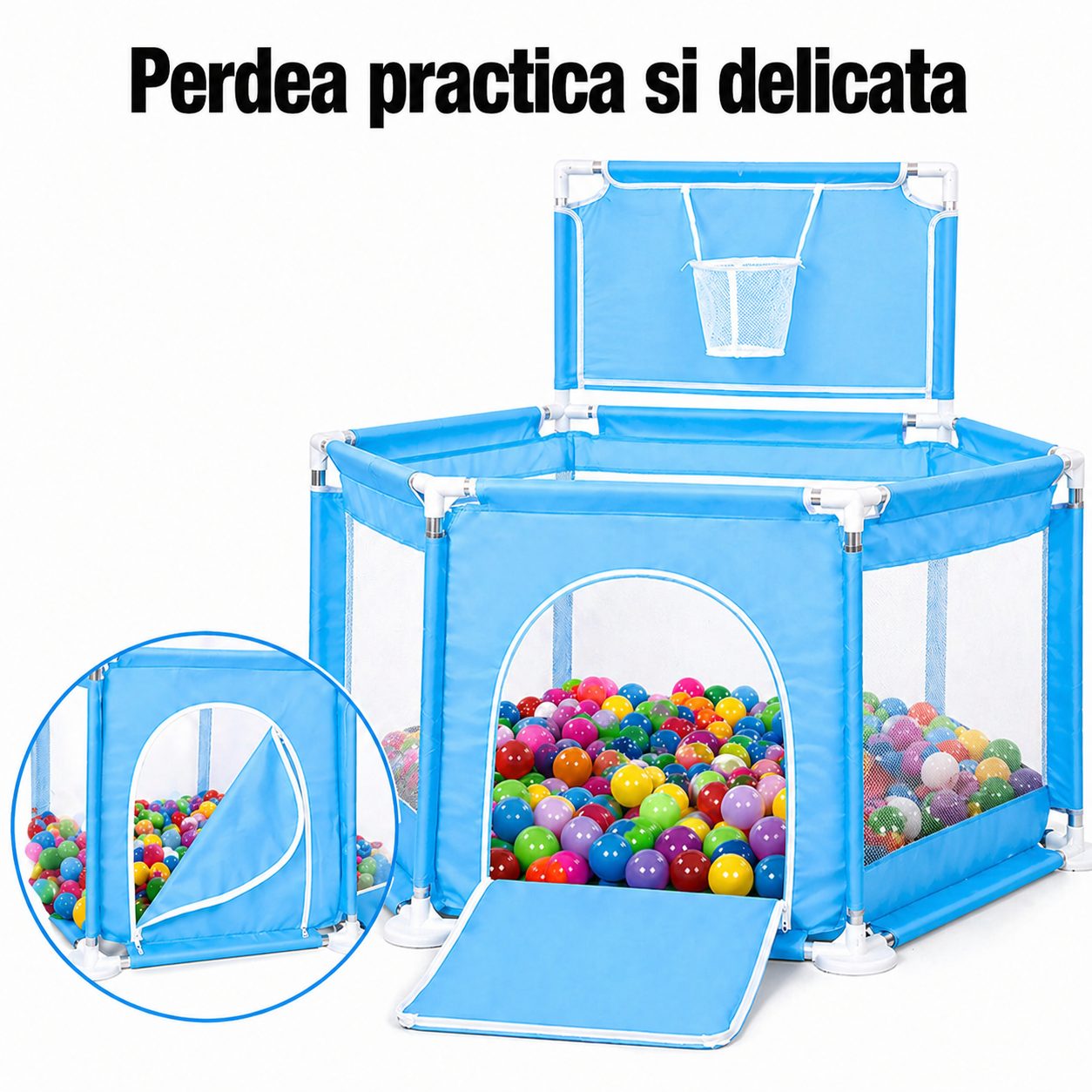 Tarc de Joaca pentru Copii cu Cos de Baschet, Usa cu Fermoar, Plasa Laterala, Structura Stabila, Dimensiune 130x115x65 cm, Albastru Deschis