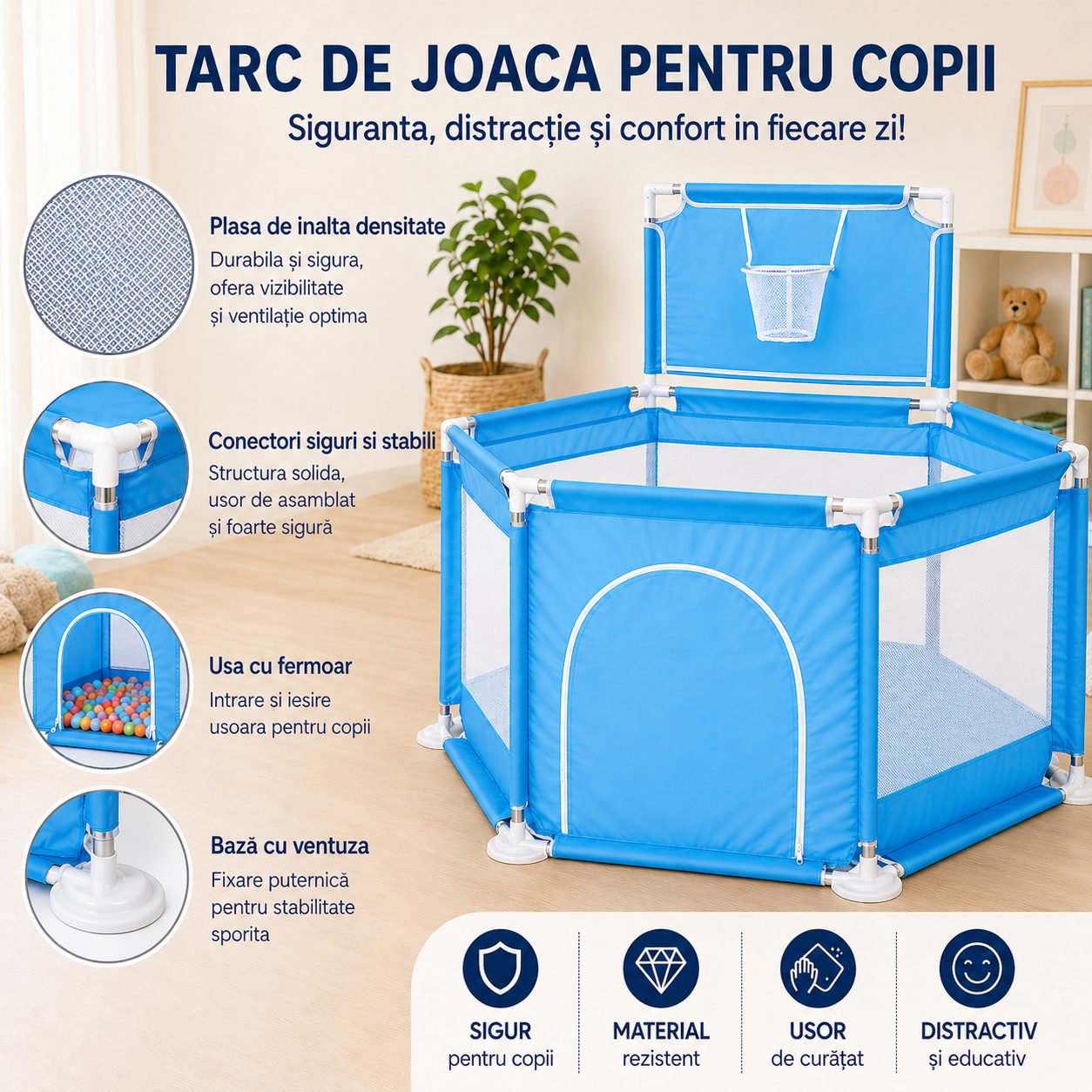 Tarc de Joaca pentru Copii cu Cos de Baschet, Usa cu Fermoar, Plasa Laterala, Structura Stabila, Dimensiune 130x115x65 cm, Albastru Deschis