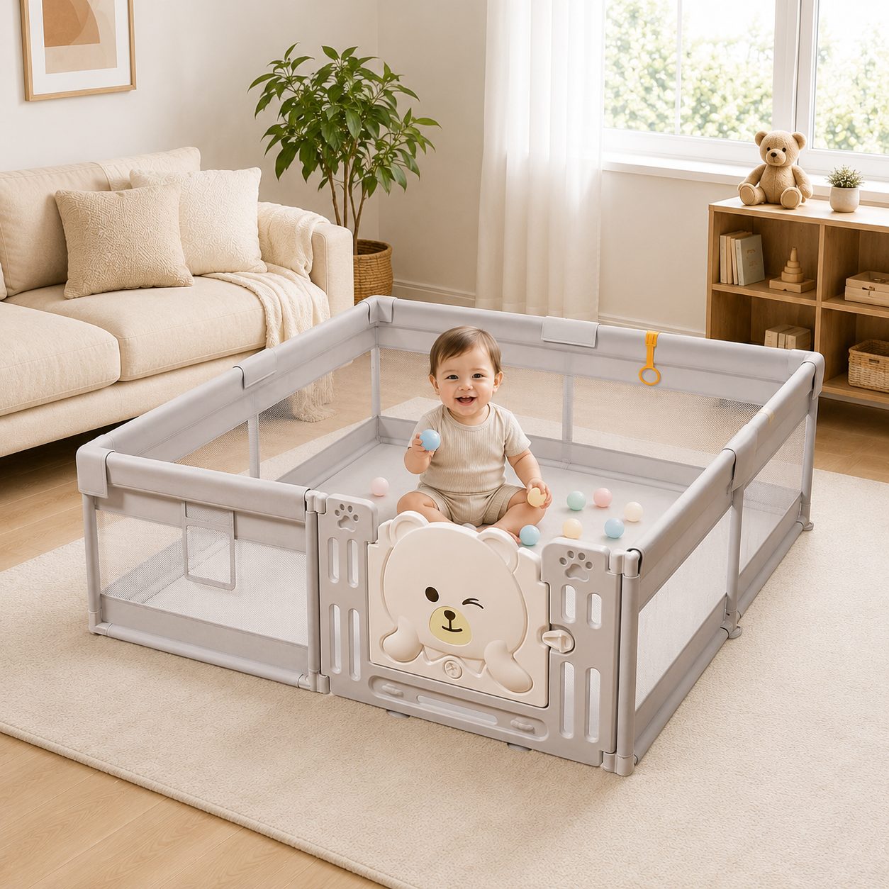 Tarc de Joaca pentru Copii DNT-147, Dimensiuni 150 x 180 cm, Gard de Siguranta, Greutate 6.2 kg, Khaki