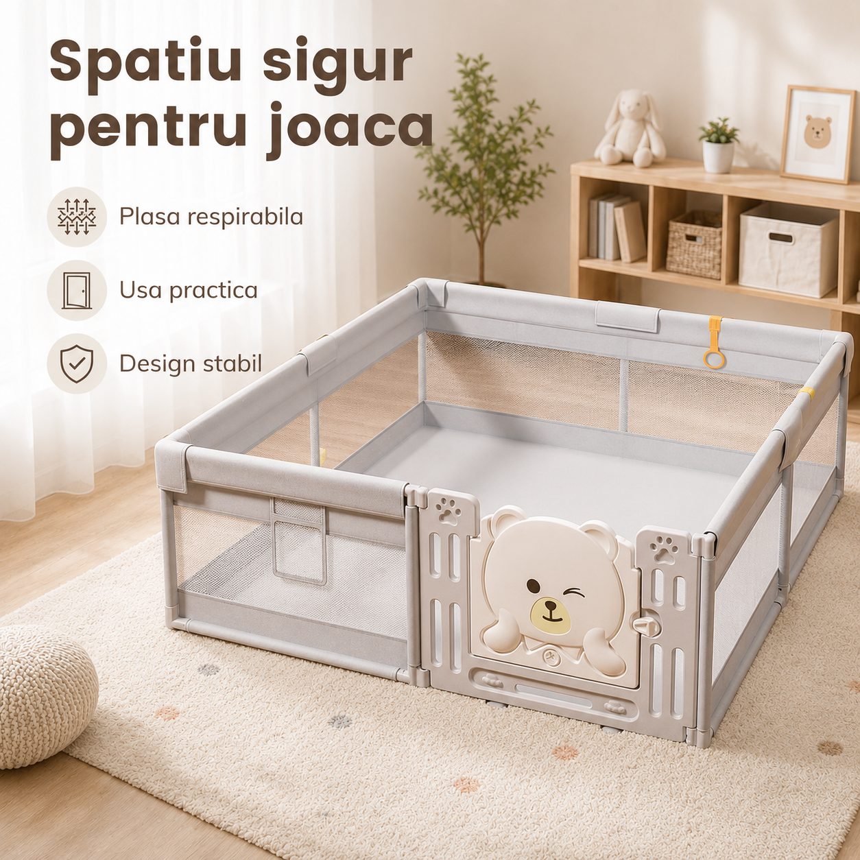Tarc de Joaca pentru Copii DNT-147, Dimensiuni 150 x 180 cm, Gard de Siguranta, Greutate 6.2 kg, Khaki