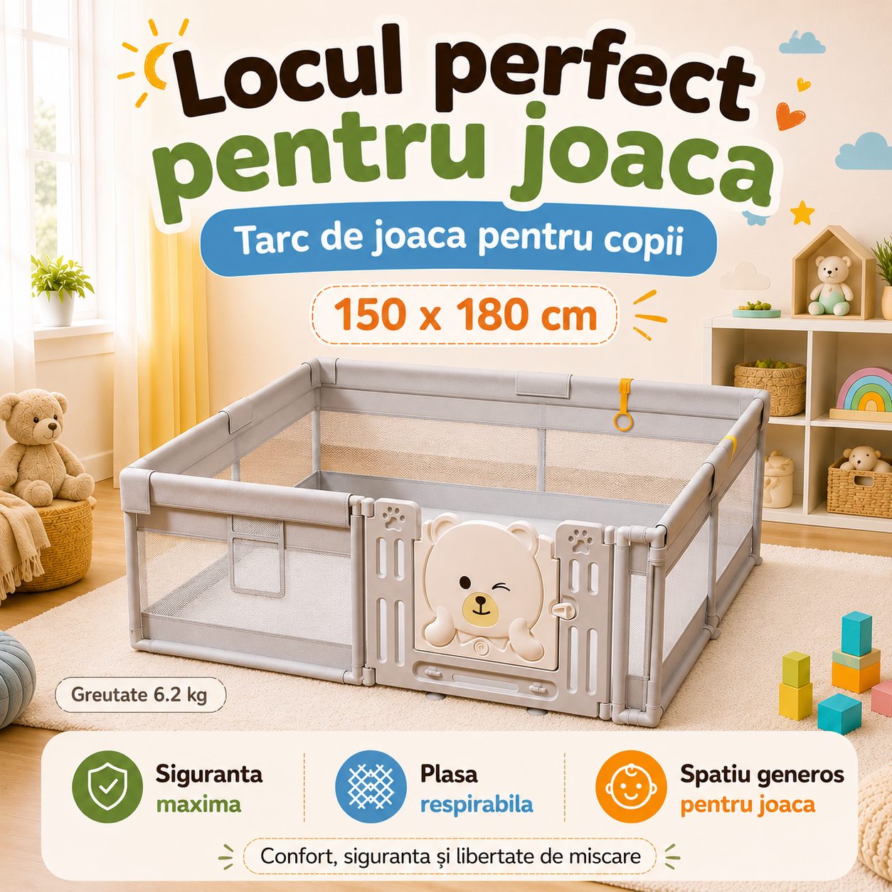 Tarc de Joaca pentru Copii DNT-147, Dimensiuni 150 x 180 cm, Gard de Siguranta, Greutate 6.2 kg, Khaki