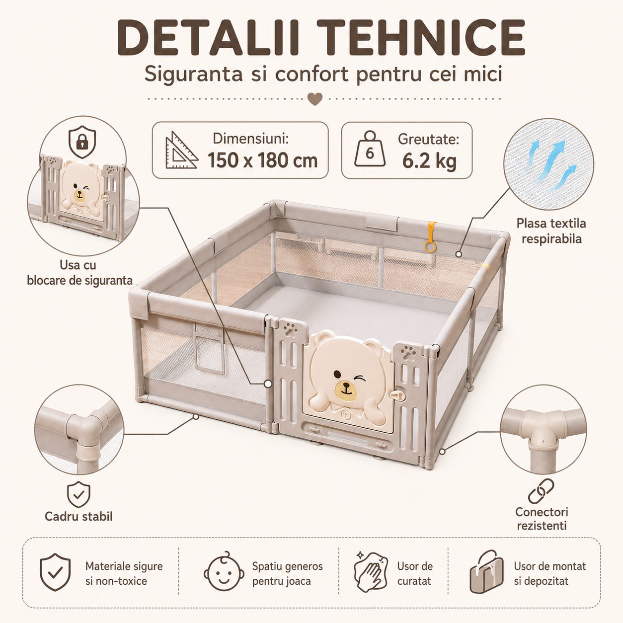 Tarc de Joaca pentru Copii DNT-147, Dimensiuni 150 x 180 cm, Gard de Siguranta, Greutate 6.2 kg, Khaki